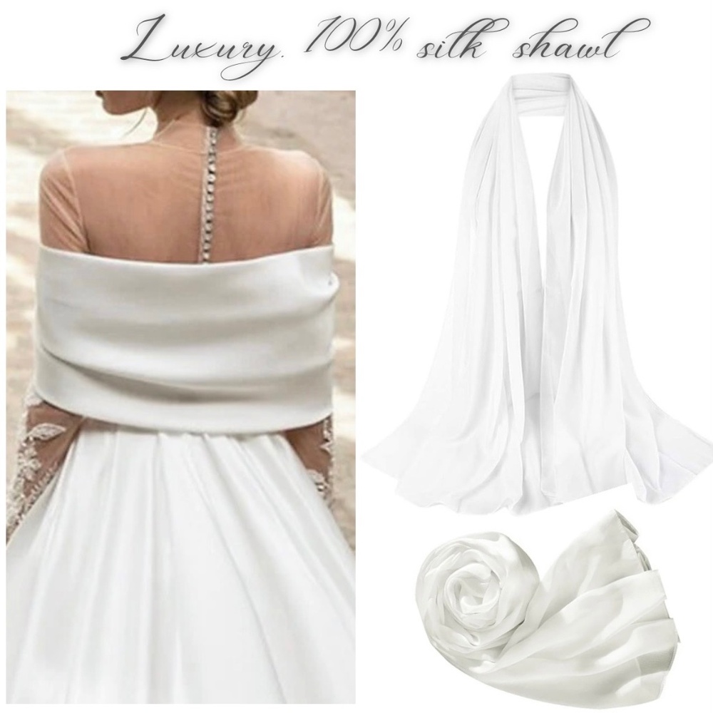 100% SILK SATIN White Large Shawl Scarf Wrap Bridal Cover up Luxury Wedding gift
